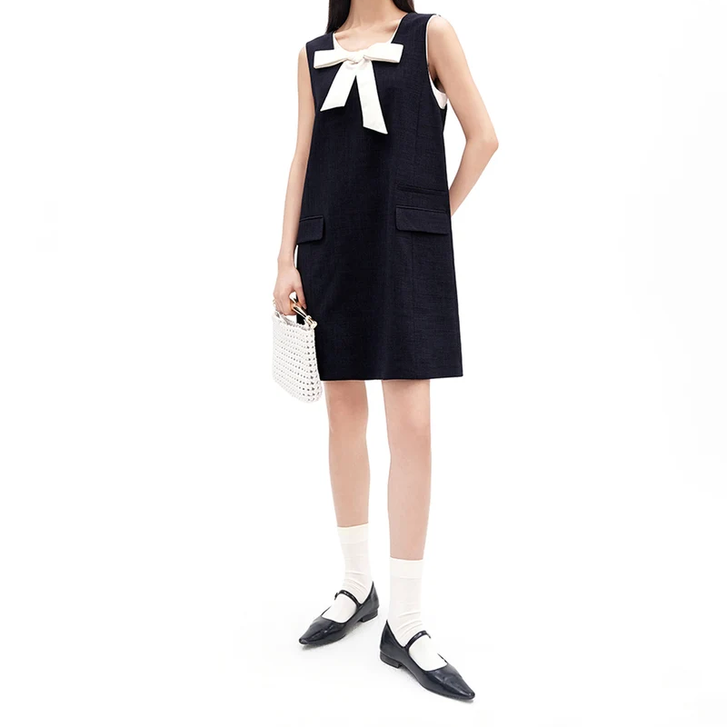 Contrast Bow Sleeveless Straight Mini Dress