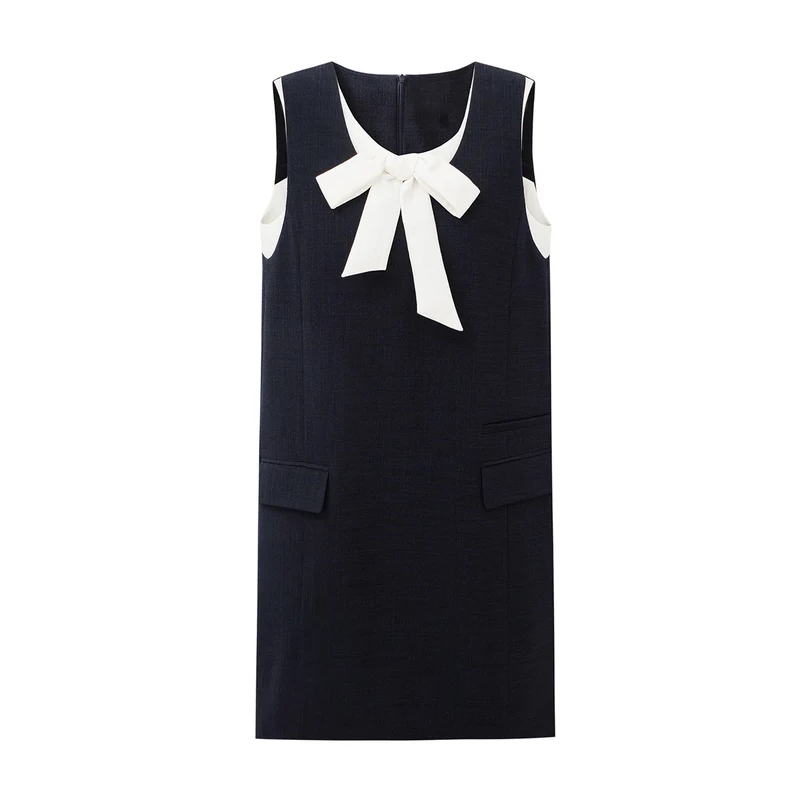 Contrast Bow Sleeveless Straight Mini Dress