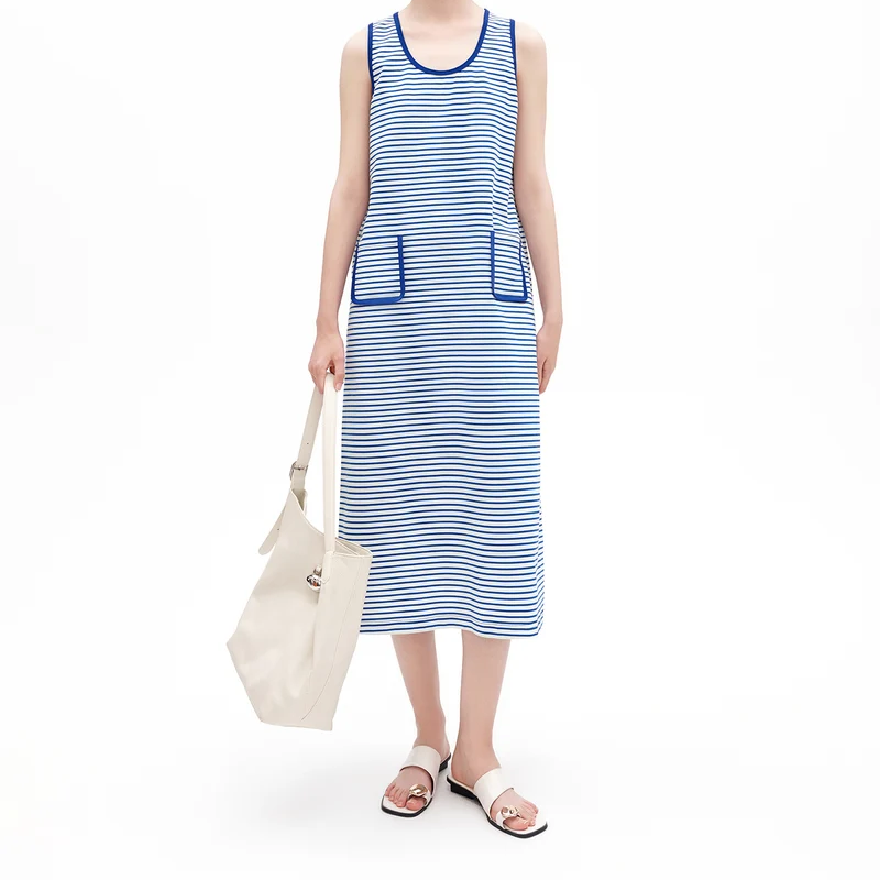 Striped Sleeveless Midi Dress with Patch Pockets