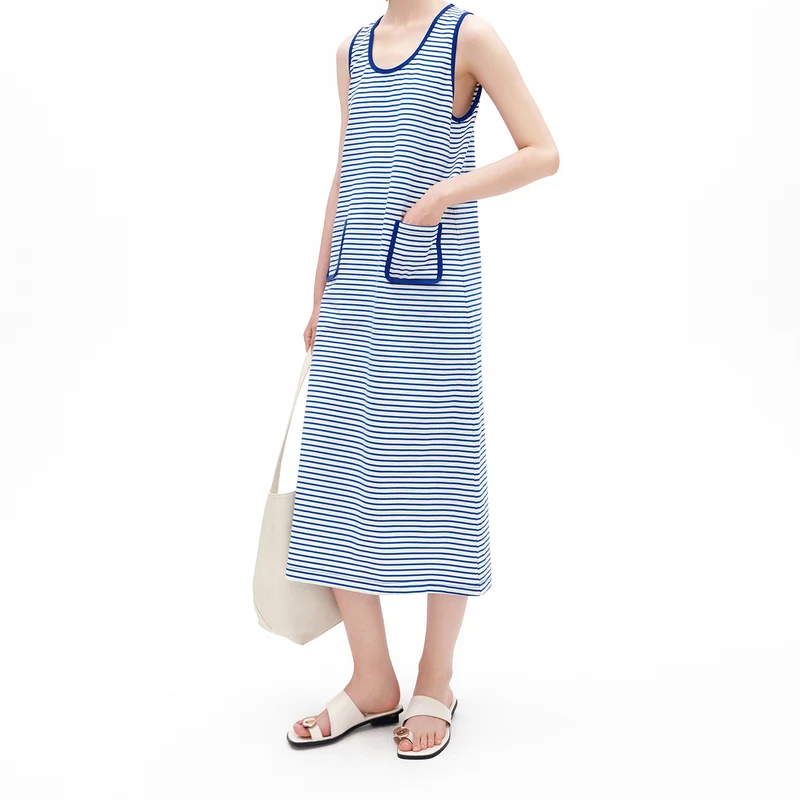 Striped Sleeveless Midi Dress with Patch Pockets