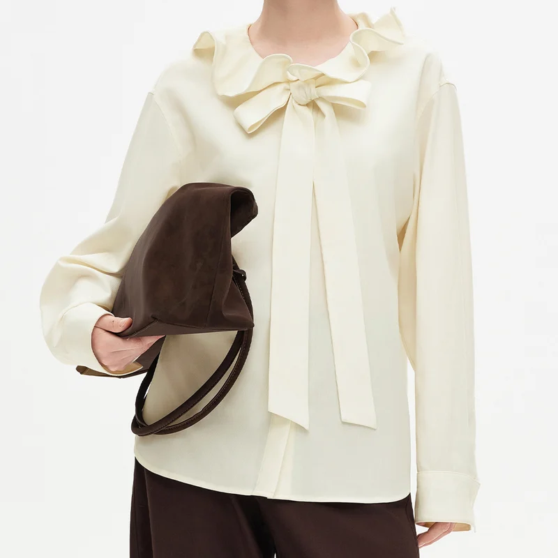 Ruffled Collar Bow Detail Long Sleeve Shirt